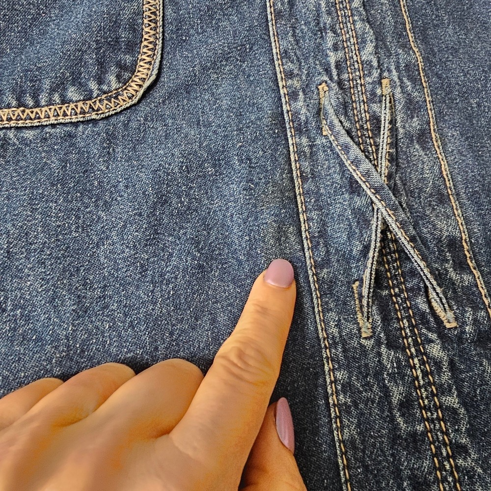 90s Y2K Denim Jumper Maxi Dress L Blue Lace Up Embroidered Cottagecore Modest - Picture 9 of 11